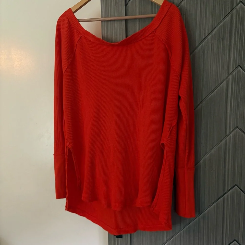 We The Free Snowy Thermal Tunic Top Oversized Boat Neck Waffle Orange Size Small